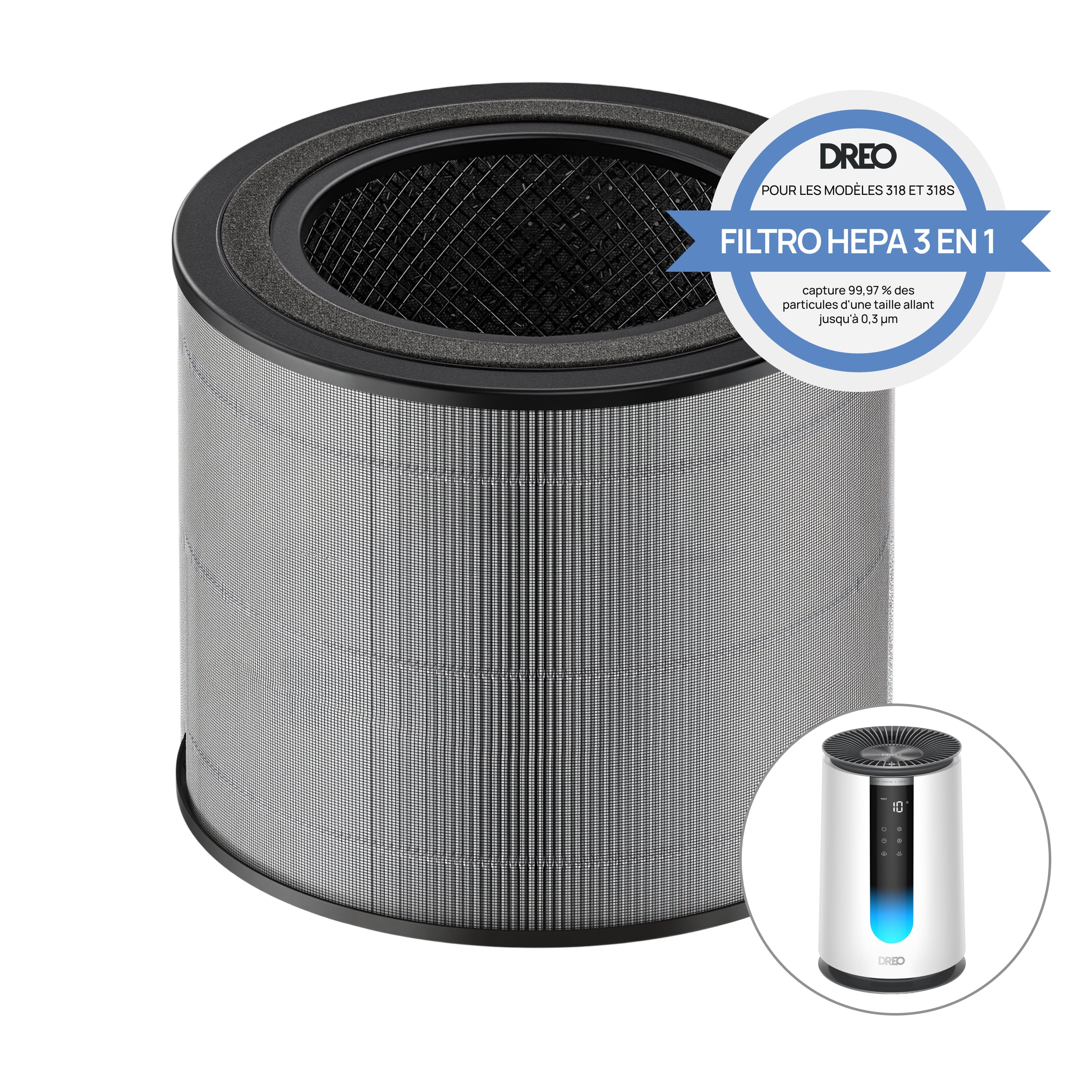 Filtre HEPA 3-en-1 pour purificateur d’air DREO 338/338S Noir/Blanc